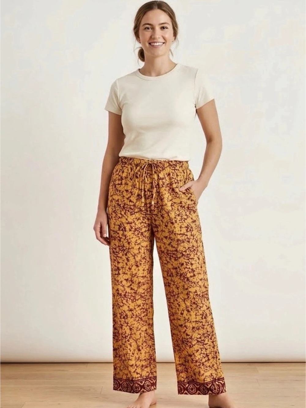 Old Navy Batik Floral Wide Leg Cotton Palazzo Pants in Orange & Brown, size XL